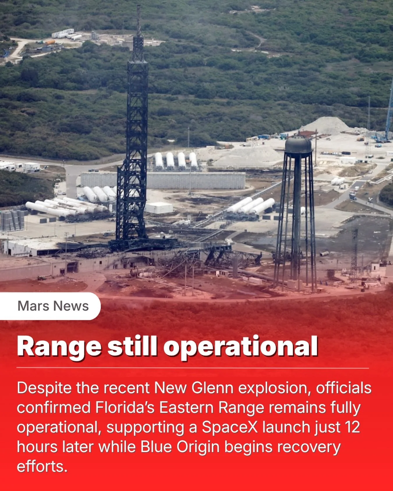 The explosion of Blue Origin&rsquo;s New Glenn rocket may have damaged a launch pad, but it didn&rsquo;t stop America&rsquo;s broader launch operations.

Officials at Cape Canaveral&rsquo;s Eastern Range confirmed the range remains fully mission capa