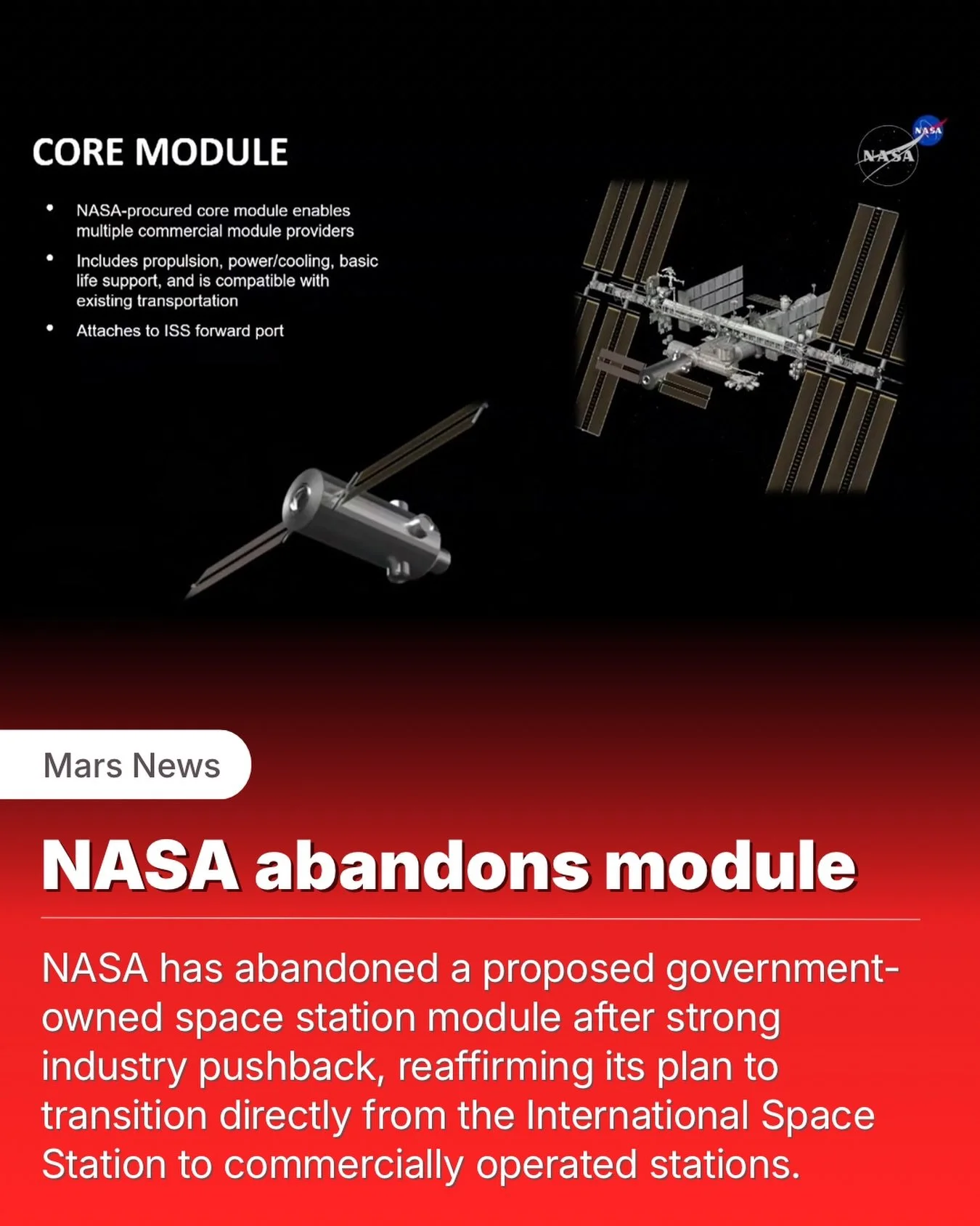 NASA has made a significant decision about what comes after the International Space Station.

Following strong opposition from commercial space companies, the agency has withdrawn a proposal that would have added a government-owned &ldquo;core module