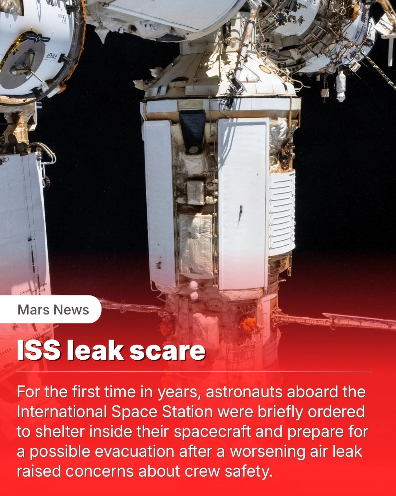 A growing air leak aboard the International Space Station led NASA to briefly place astronauts on evacuation standby this week, highlighting one of the challenges future explorers will face living far from Earth.

On Friday, five astronauts were inst