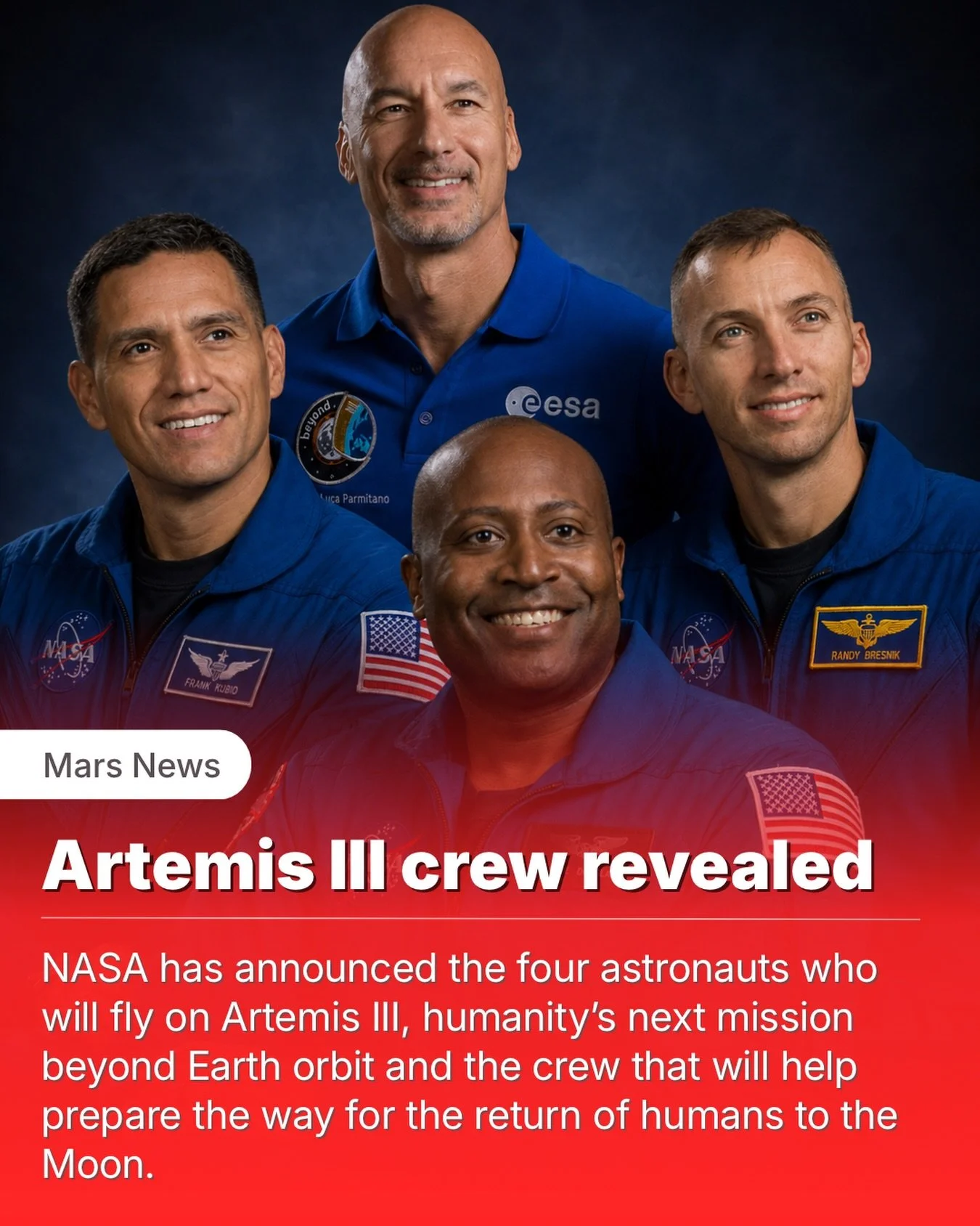 NASA has officially announced the crew of Artemis III:

🚀 Commander Randy Bresnik
🚀 Pilot Luca Parmitano
🚀 Mission Specialist Andre Douglas
🚀 Mission Specialist Frank Rubio

Backup Crew Member: Bob Hines

Crew announcements are ultimately about p