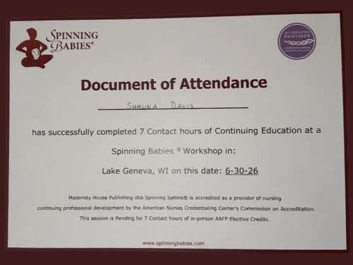 Certified birth doula Shauna Davis of McHenry county completed Spinning Babies workshop in Lake Geneva, Wisconsin.