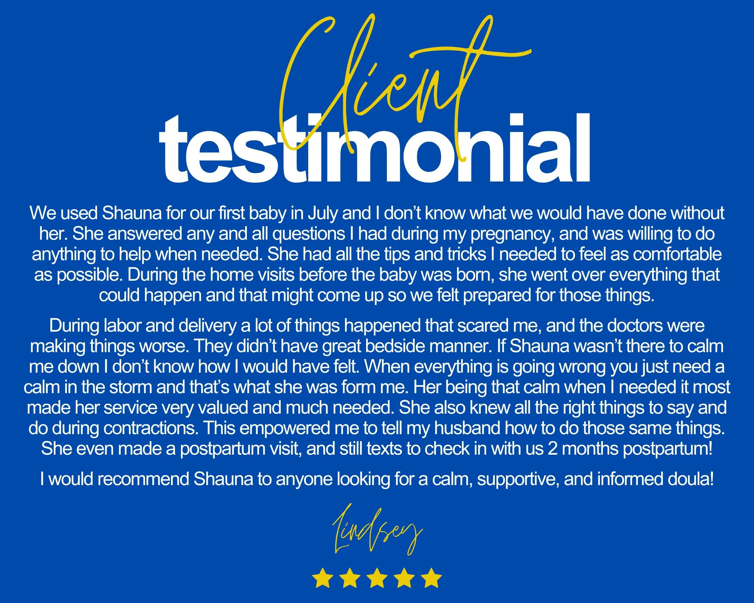 A 5-star positive google review from a birth client of birth doula Shauna Davis who gave birth in the hospital in Huntley, IL.