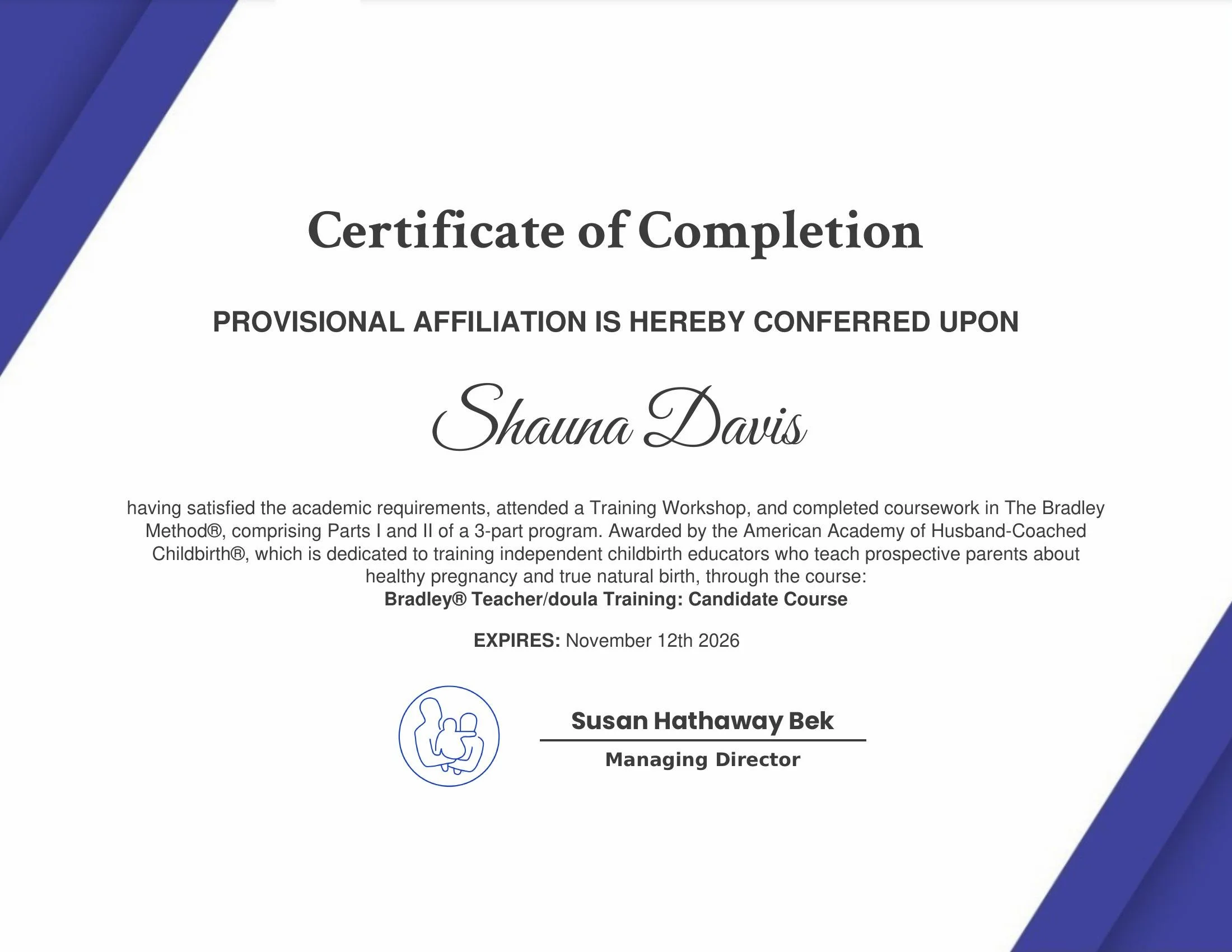 Certified birth doula Shauna Davis certificate of completion to teach Bradley Method childbirth education as a provisional affiliate