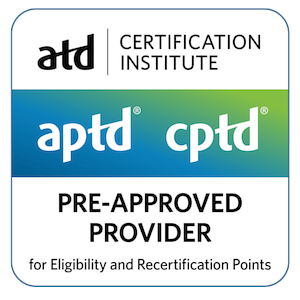 ATD Certification Institute Pre-Approved Provider badge for eligibility and recertification points.