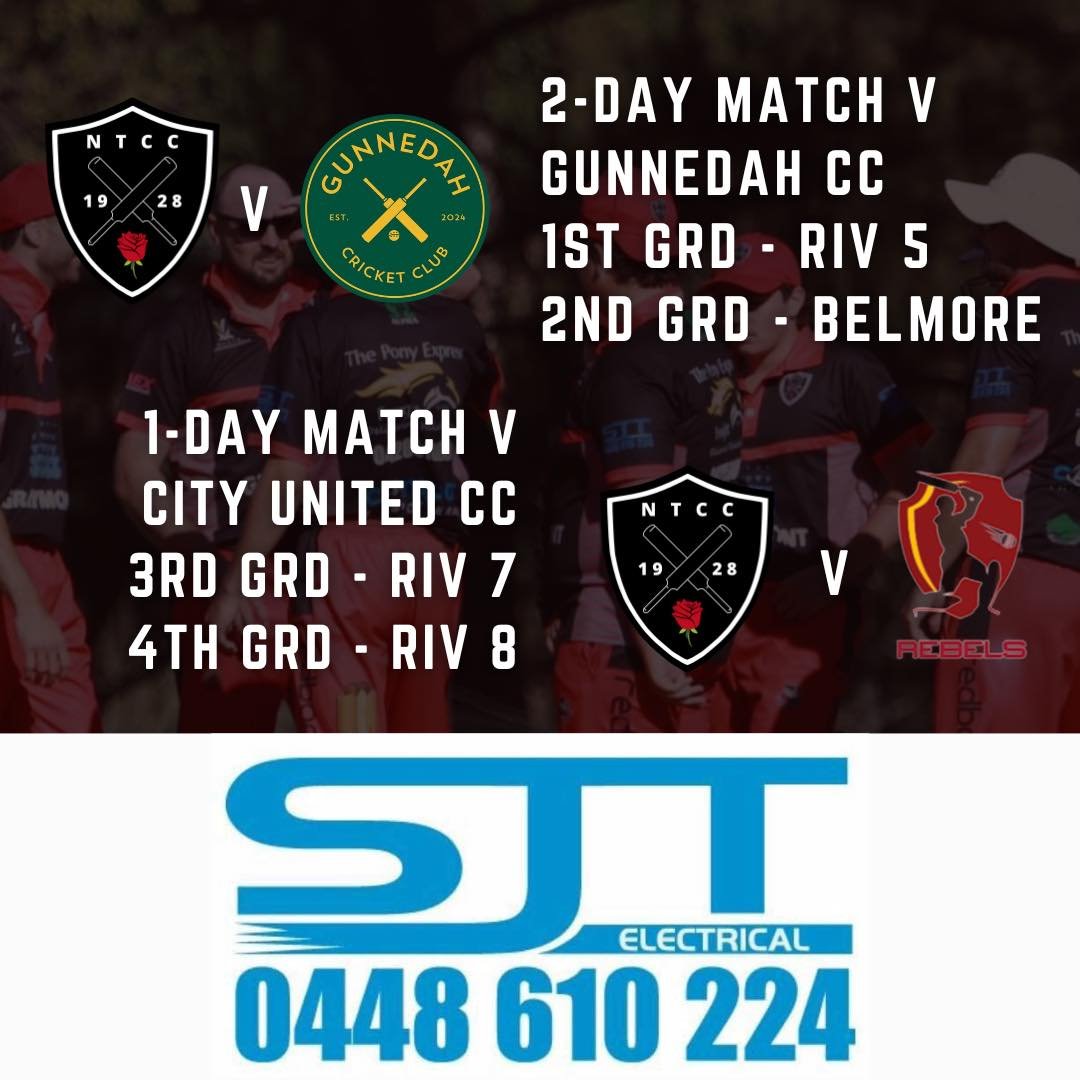 🖤❤️LET&rsquo;S GO REDBACKS❤️🖤
Thanks to SJT Electrical &amp; Data Pty Ltd as today&rsquo;s match sponsor.
1s &amp; 2s v Gunnedah Cricket Club in 2day matches
3s &amp; 4s v City United CC in 1day matches.
UP THE REDBACKS🖤❤️