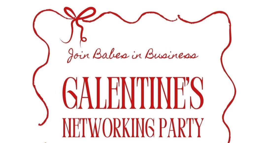 Invitation graphic for a networking party with a Valentine's Day theme, featuring red text and decorative red ribbon border.