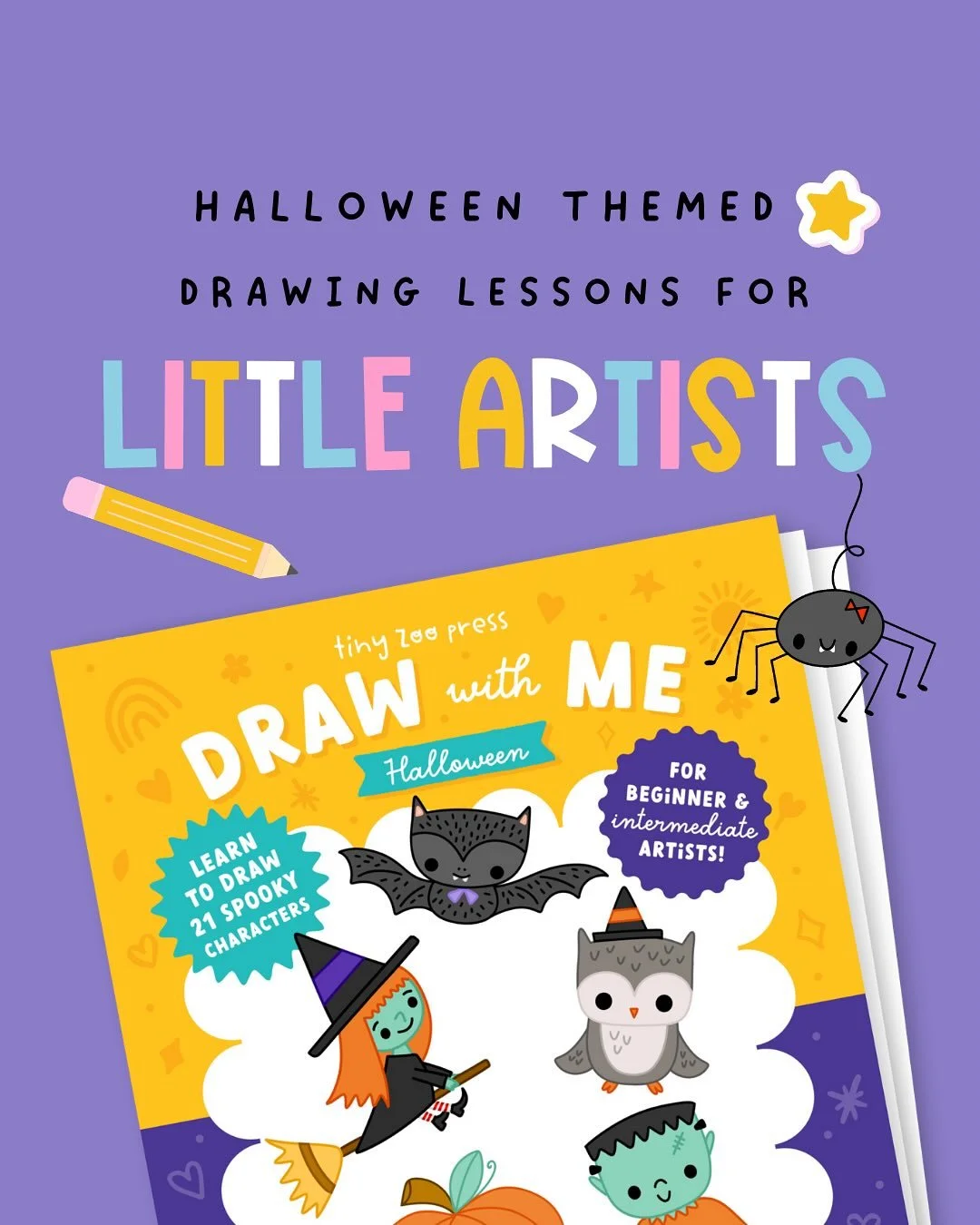 🎃Beginning artists can learn how to draw cute Halloween characters with us! Visit tinyzoopress.com to see all of our books and printables. #howtodrawcute #howtodrawcutethings #drawingideasforkids #cutehalloweenart