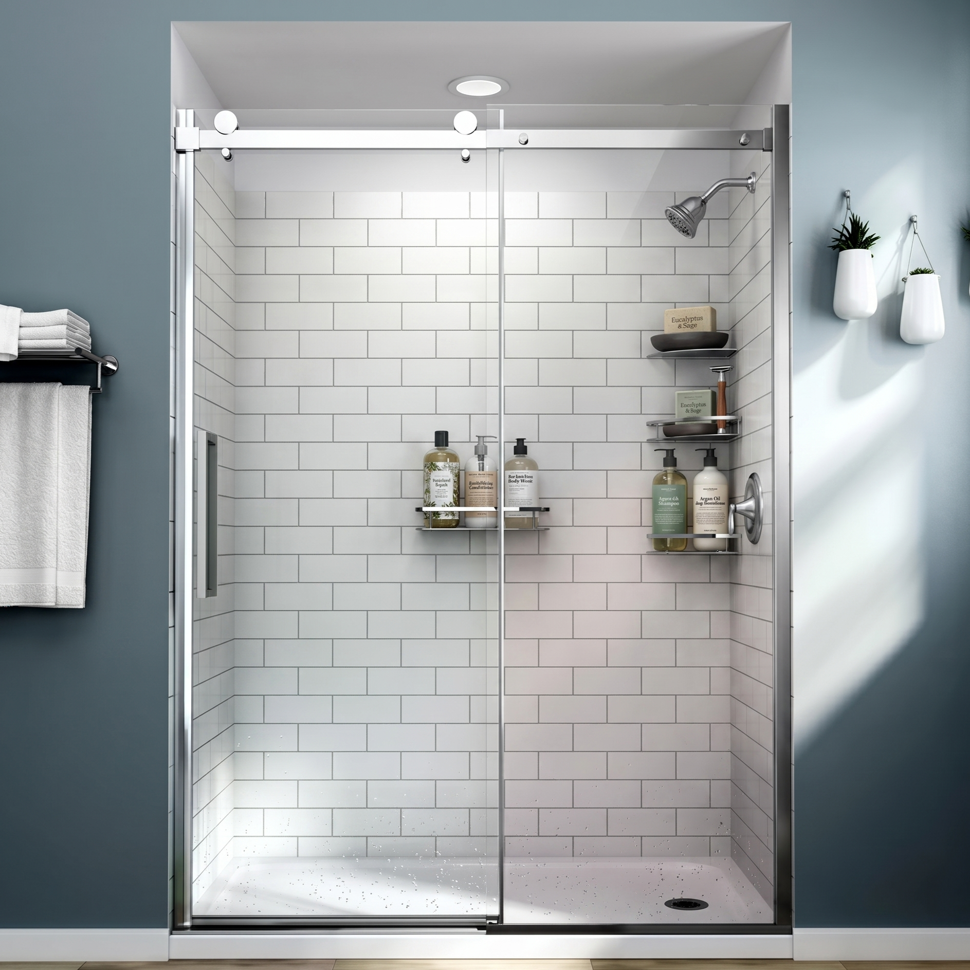 Modern bathroom with gray marble shower, handheld showerhead, built-in shelves with toiletries, light blue walls, small wooden stool with plant, and wall art.