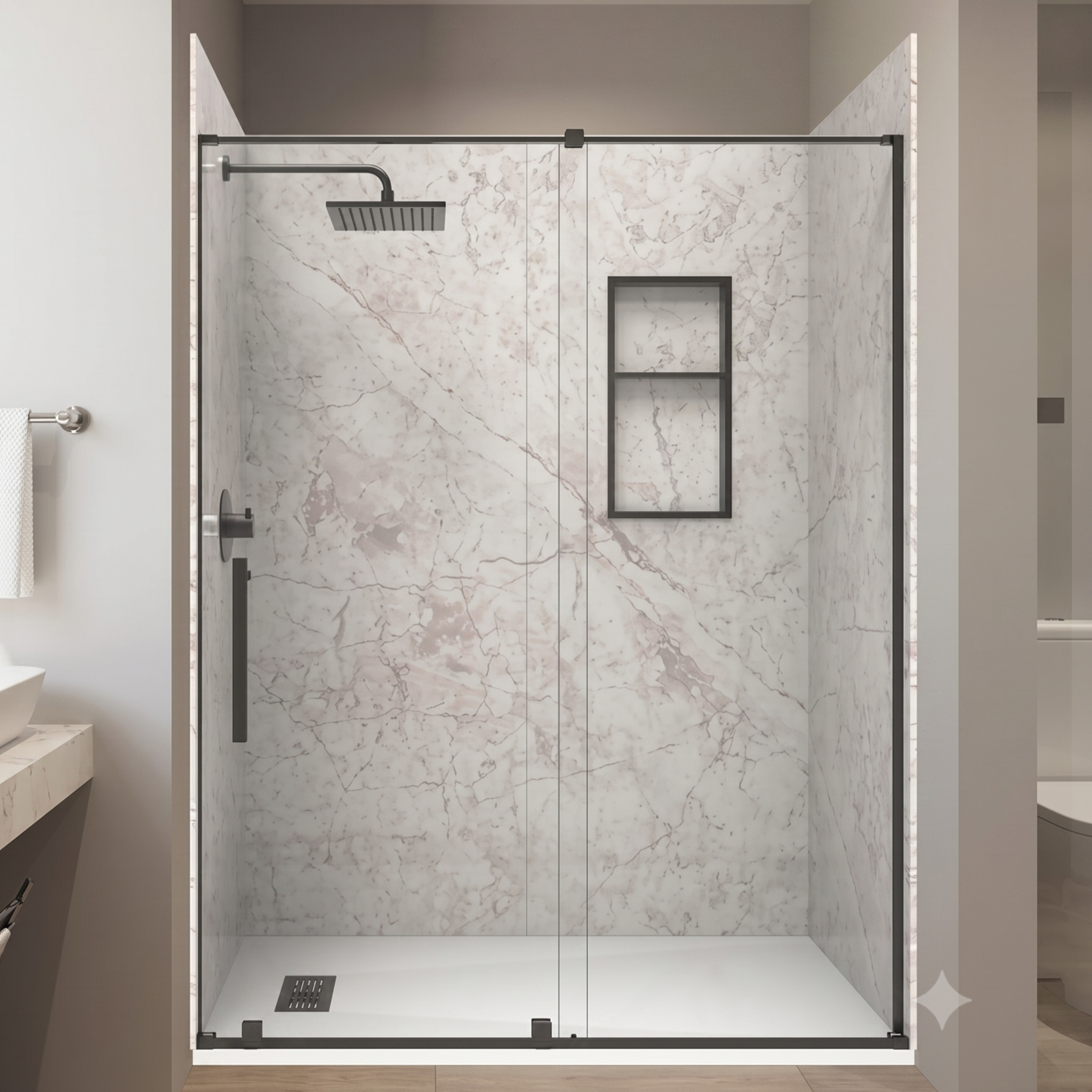 Modern shower with marble-patterned walls and a square showerhead.