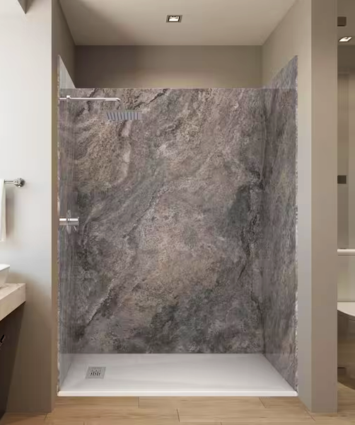 Modern bathroom with a stone-tiled shower