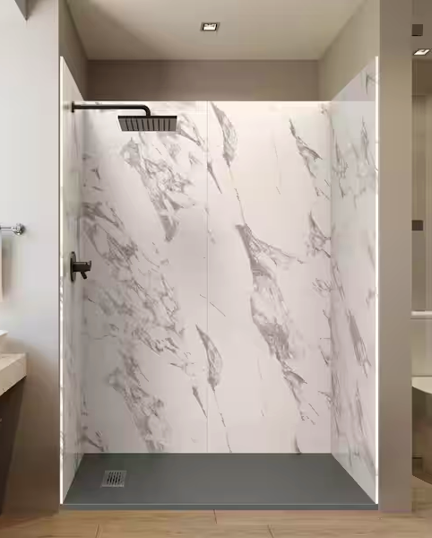 Modern bathroom with a marble-patterned walk-in shower, featuring a rainfall showerhead and beige walls.