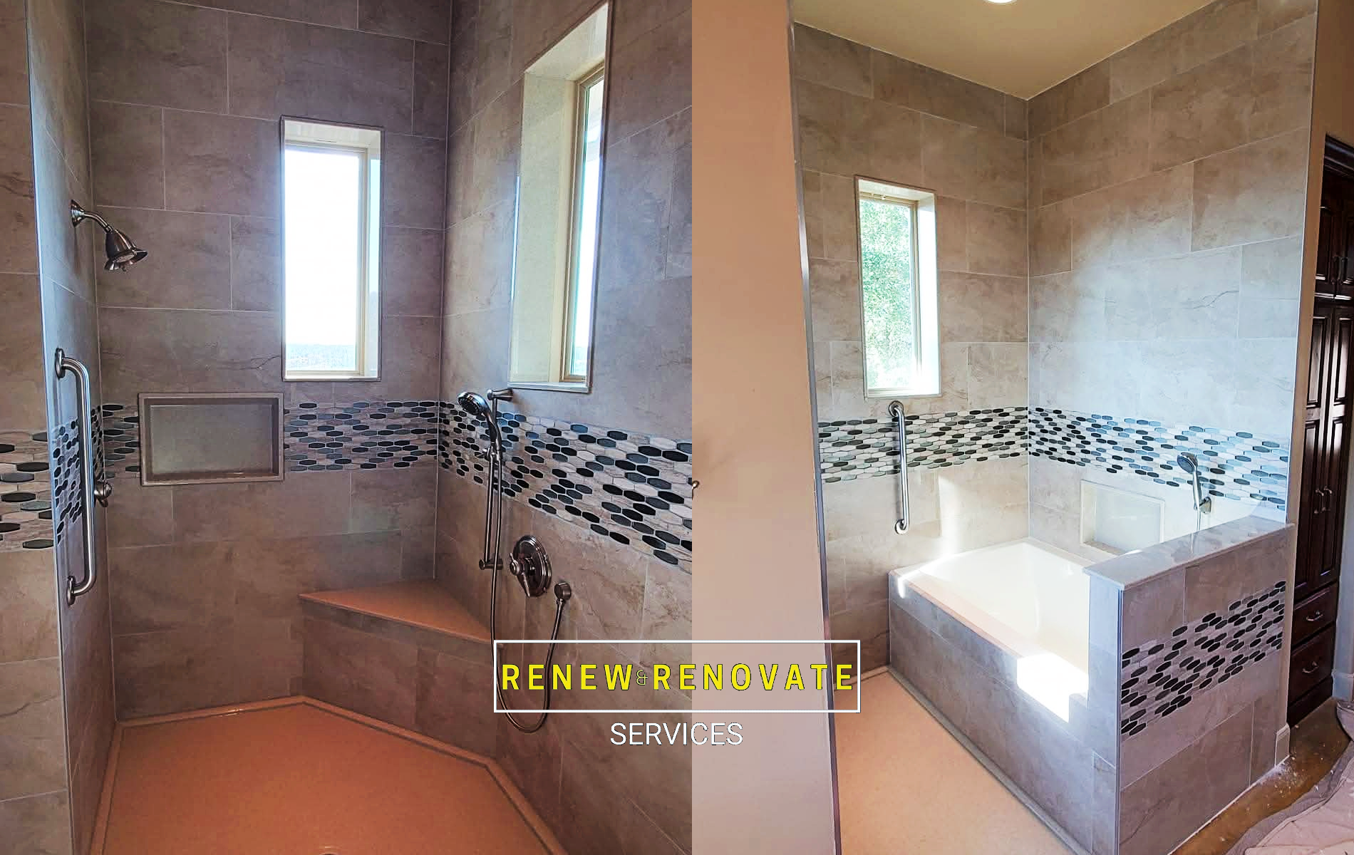 Modern bathroom design featuring a tiled shower and bathtub with decorative accent tiles, including a window and grab bars. The image promotes "Renew Renovate Services."