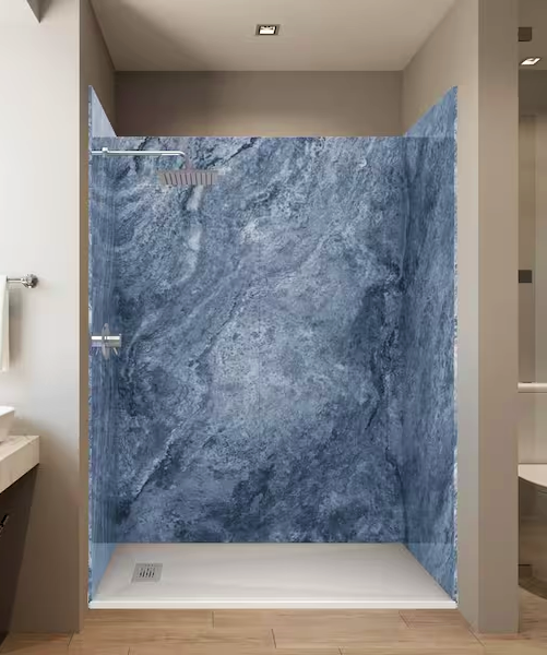 Modern bathroom with a blue marble shower enclosure and glass doors.