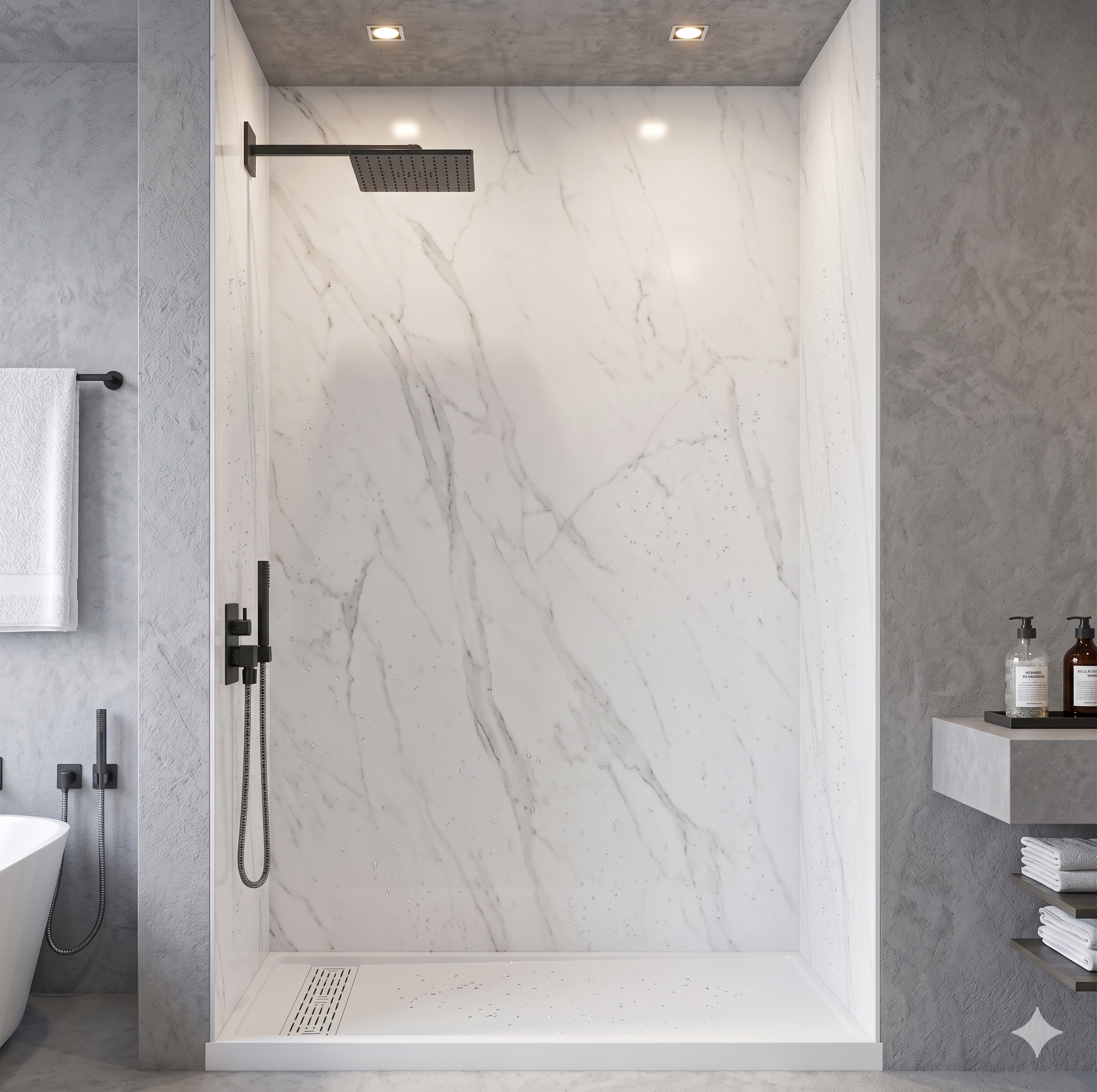 Modern bathroom with gray marble shower, handheld showerhead, built-in shelves with toiletries, light blue walls, small wooden stool with plant, and wall art.