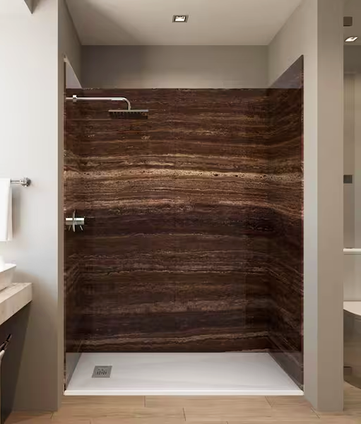 Modern bathroom with a dark marble shower enclosure, white base, and overhead shower fixture.