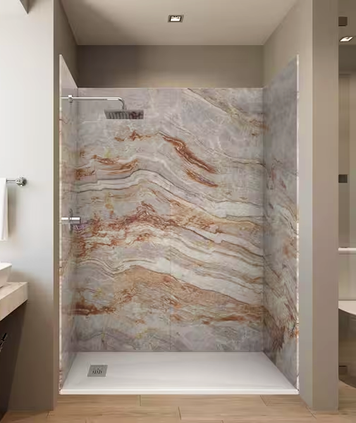 Modern shower with marble-patterned walls and chrome fixtures