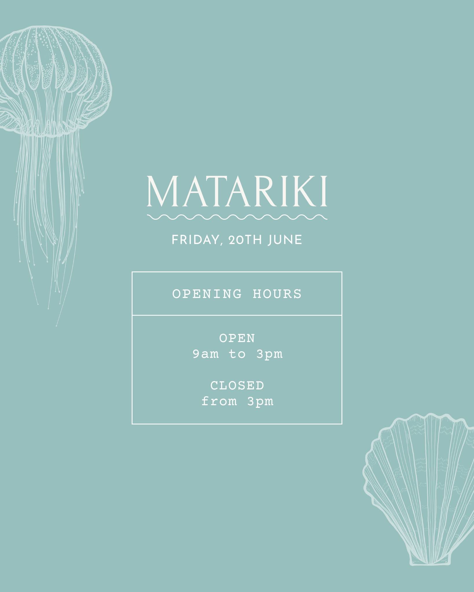 ✨ Mānawatia a Matariki ✨

We&rsquo;re taking a moment to celebrate, reflect, and feast (of course!). Here&rsquo;s when we&rsquo;ll be open over the Matariki weekend:

🍽 Friday 20th June &ndash; OPEN 9am to 3pm. CLOSED from 3pm (We&rsquo;ll be star-g