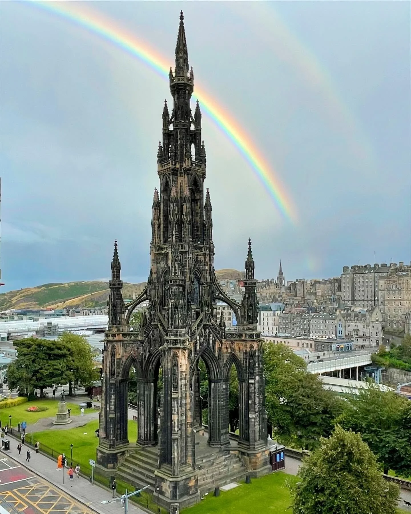 I am working in Edinburgh and my hotel is right next to The Scott Monument which is a particularly fine name for a monument! Took a photo when there was a rainbow and then the weather/Sun changed quickly and it turned into a double rainbow which glow
