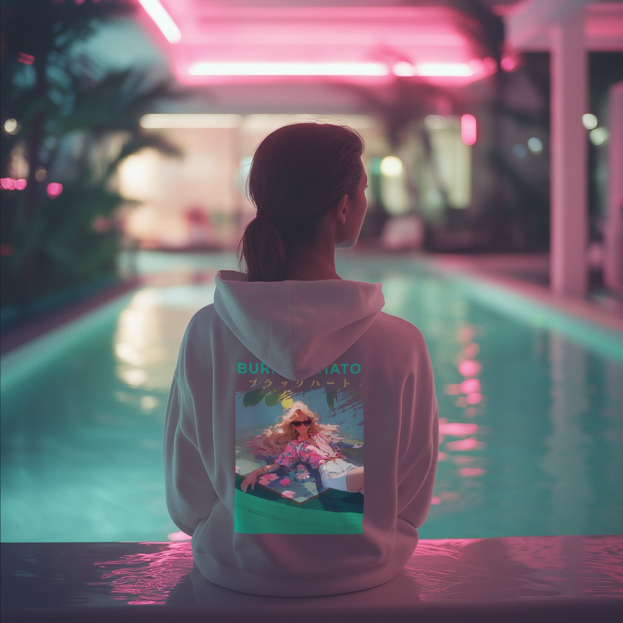 Supermodel sitting poolside wearing the Burakkuhāto Miami Collection "Sunset Beach" premium hoodie.