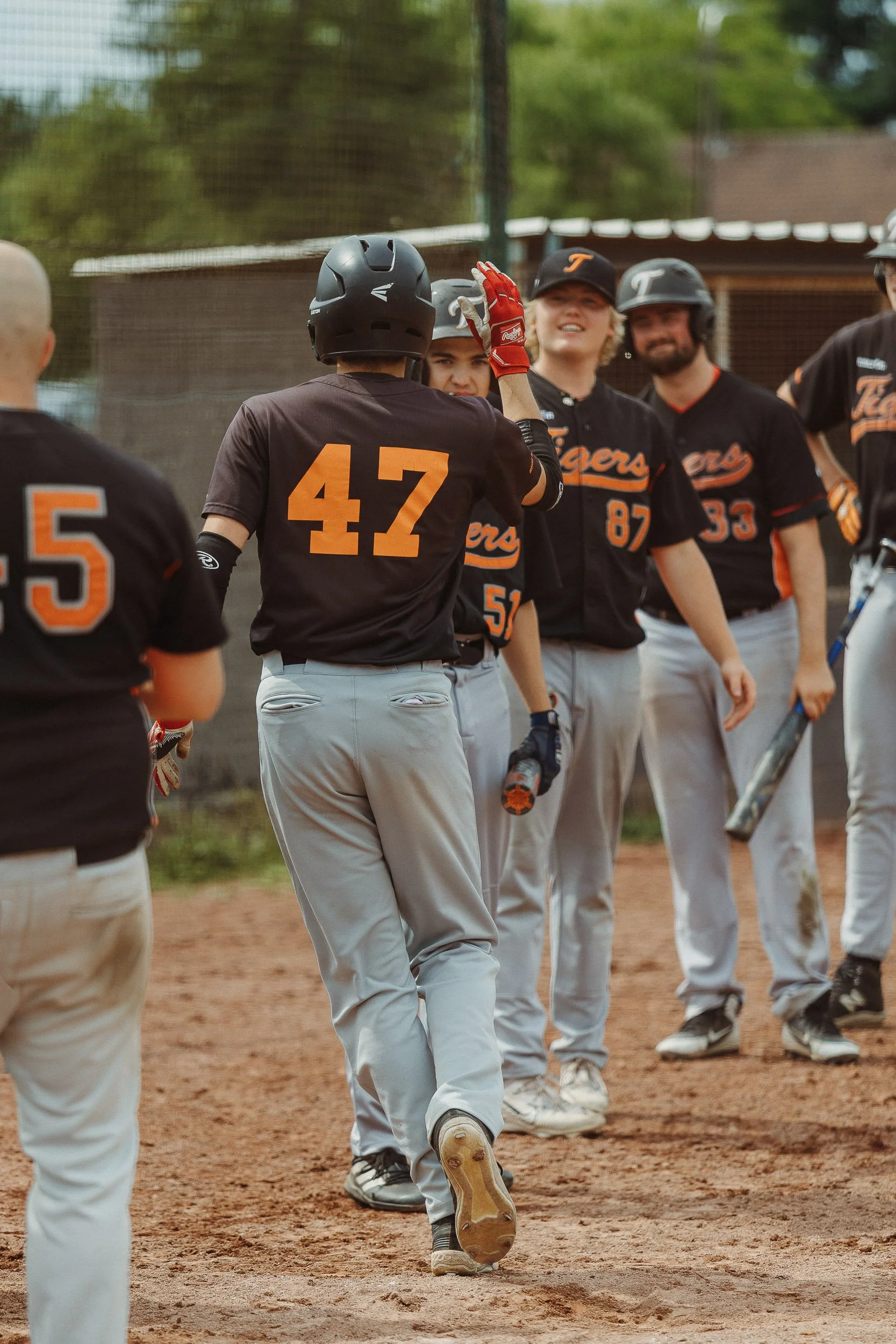 Baseball players in black jerseys and gray pants celebrating on the field, one giving a high five to another.