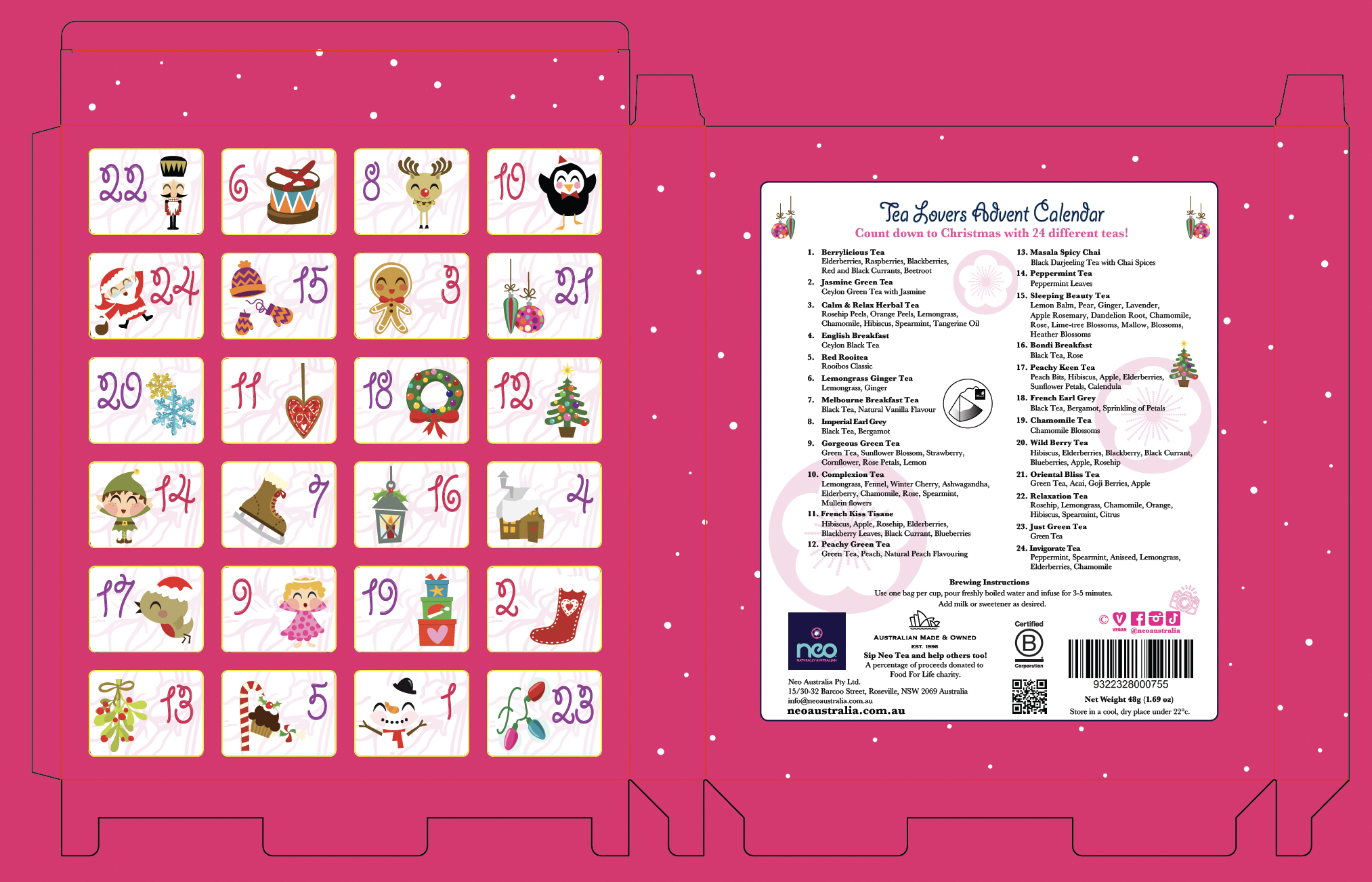 The interior and back panels of the advent calendar box.