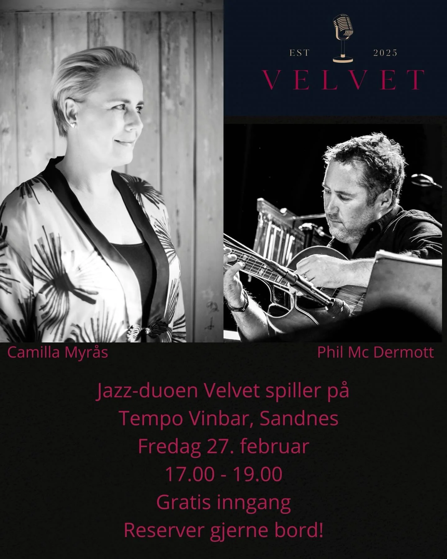Hipp, hurra! 💃Det blir en ny runde jazz og vin med Velvet p&aring; Tempo Vinbar i Sandnes 🎶
Og tidspunktet er perfekt; rett etter jobb p&aring; en fredag ettermiddag! 🥰
Det er gratis inngang, men bestill gjerne bord i god tid. Phil og jeg gleder o