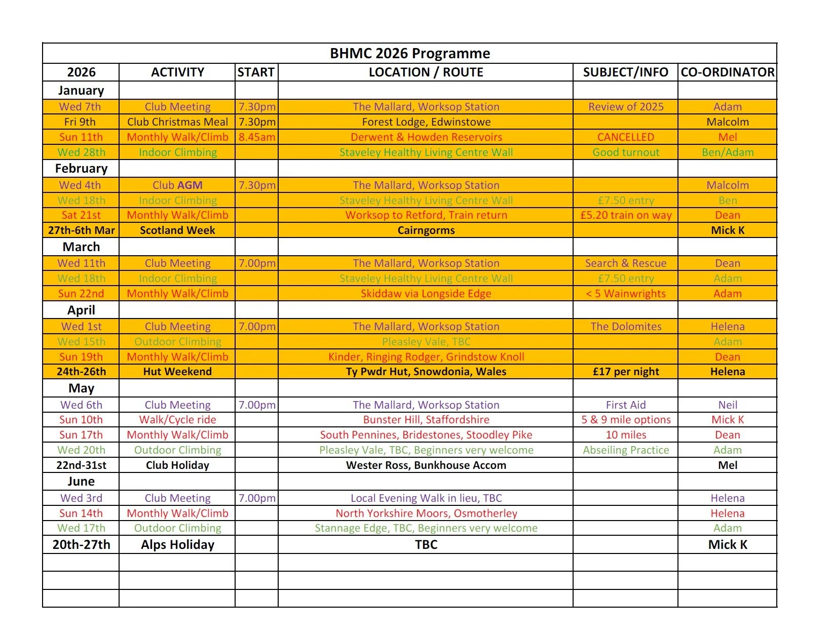 Programme for the first half of 2026. More in-fill events to come. Keep your eye on the instagram or attend a monthly meeting for details.