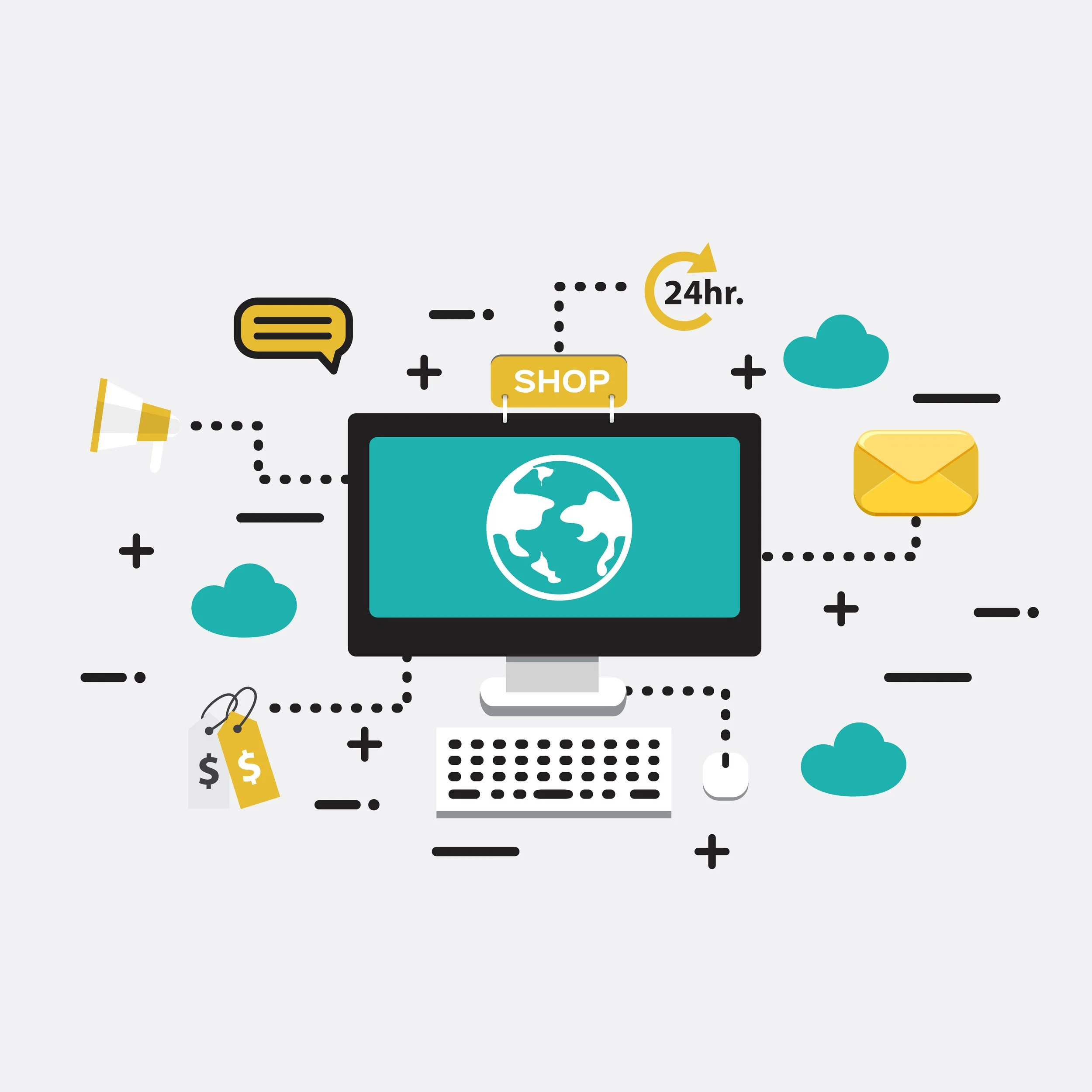 Graphic illustration of e-commerce concepts with a computer monitor displaying a globe, surrounded by icons of clouds, email, shopping, chat, tags, and a clock indicating 24 hours, on a light gray background.