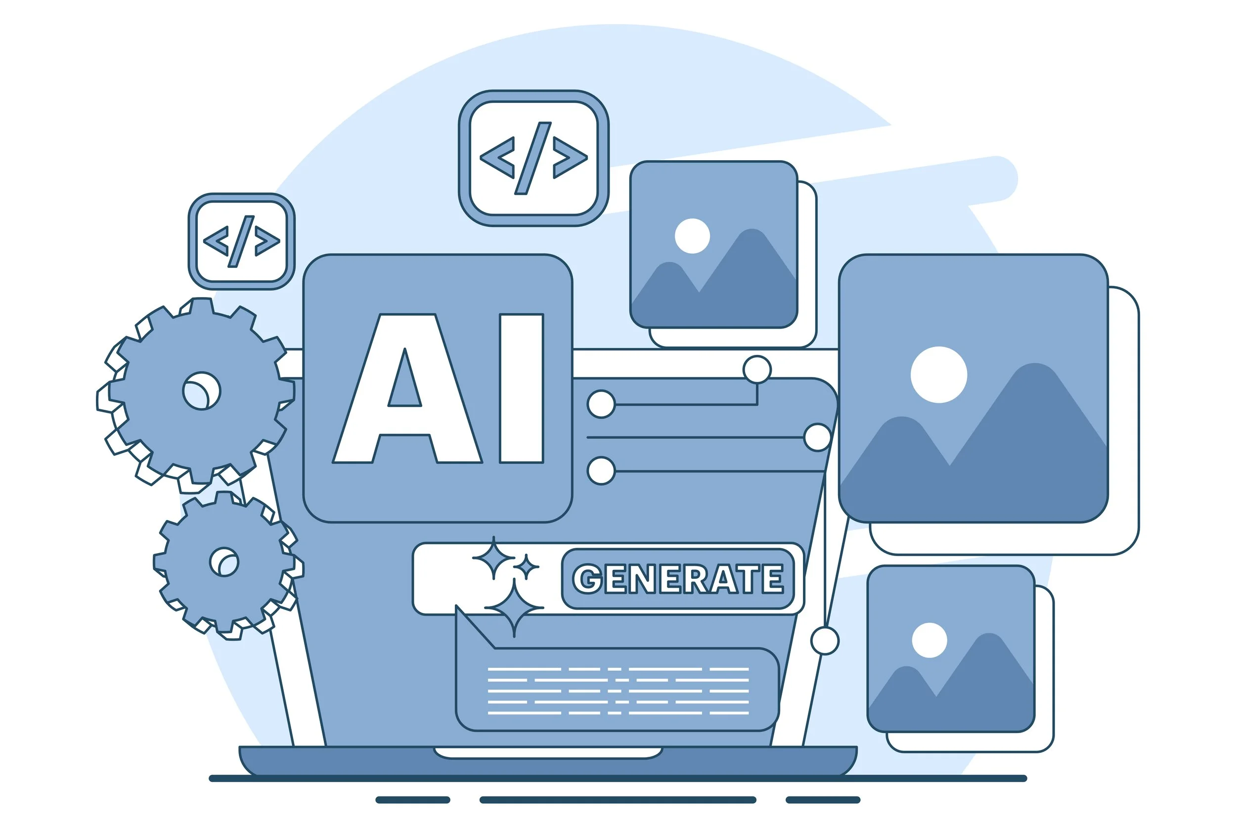 Illustration of AI technology with gears, computer, and images on screen and buttons labeled 'Generate'.