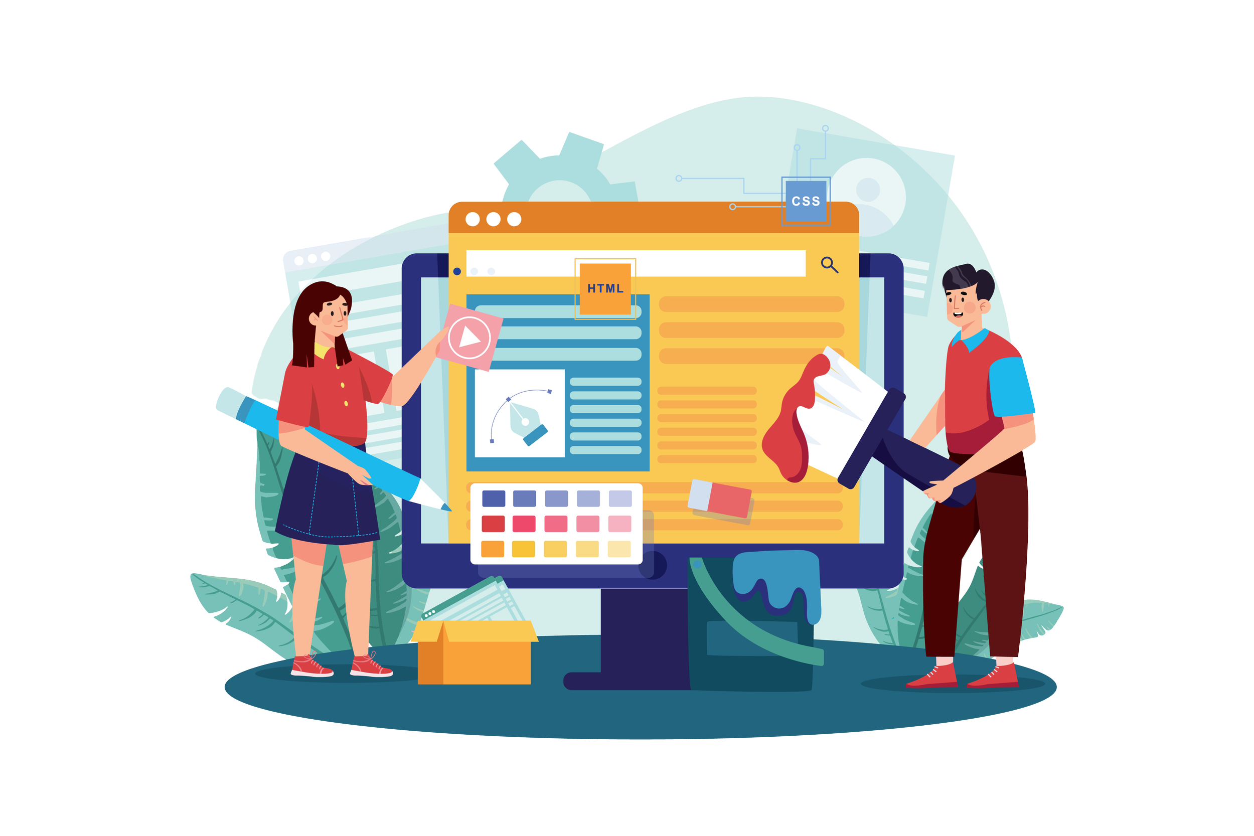 Illustration of two people working on web design, with a large monitor showing HTML, CSS, and design elements, surrounded by tools and color palettes.