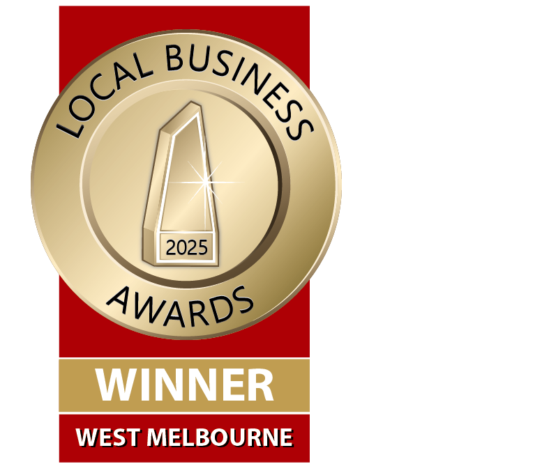 Gold medal with the text 'Local Business Awards 2025' and a graphic of a standing award trophy, with the bottom section labeled 'Winner' and 'West Melbourne' set against a red background.
