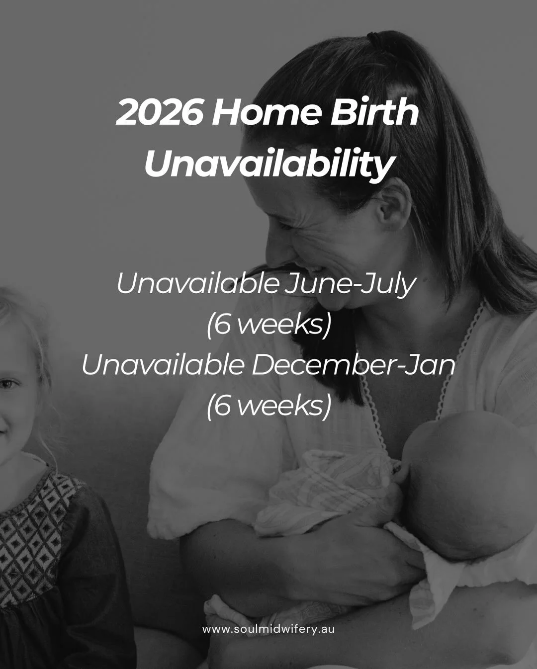 Unavailability 🌼

See above some dates for planned leave. If you&rsquo;re planning pregnancy and keen for home birth then please keep in mind.

Antenatal and postnatal care continuing throughout this period

Availability ✨

Private midwifery care - 