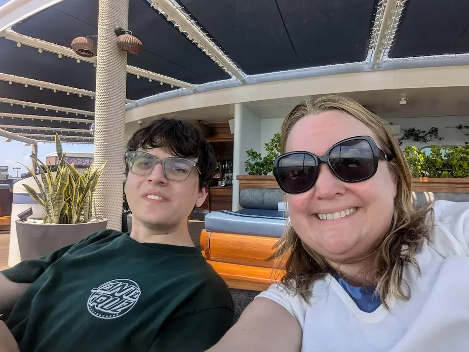 My son and me at the Dock on Virgin Voyages