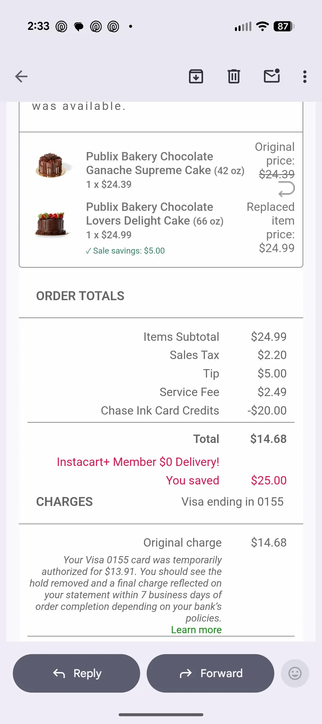 instacart cake receipt