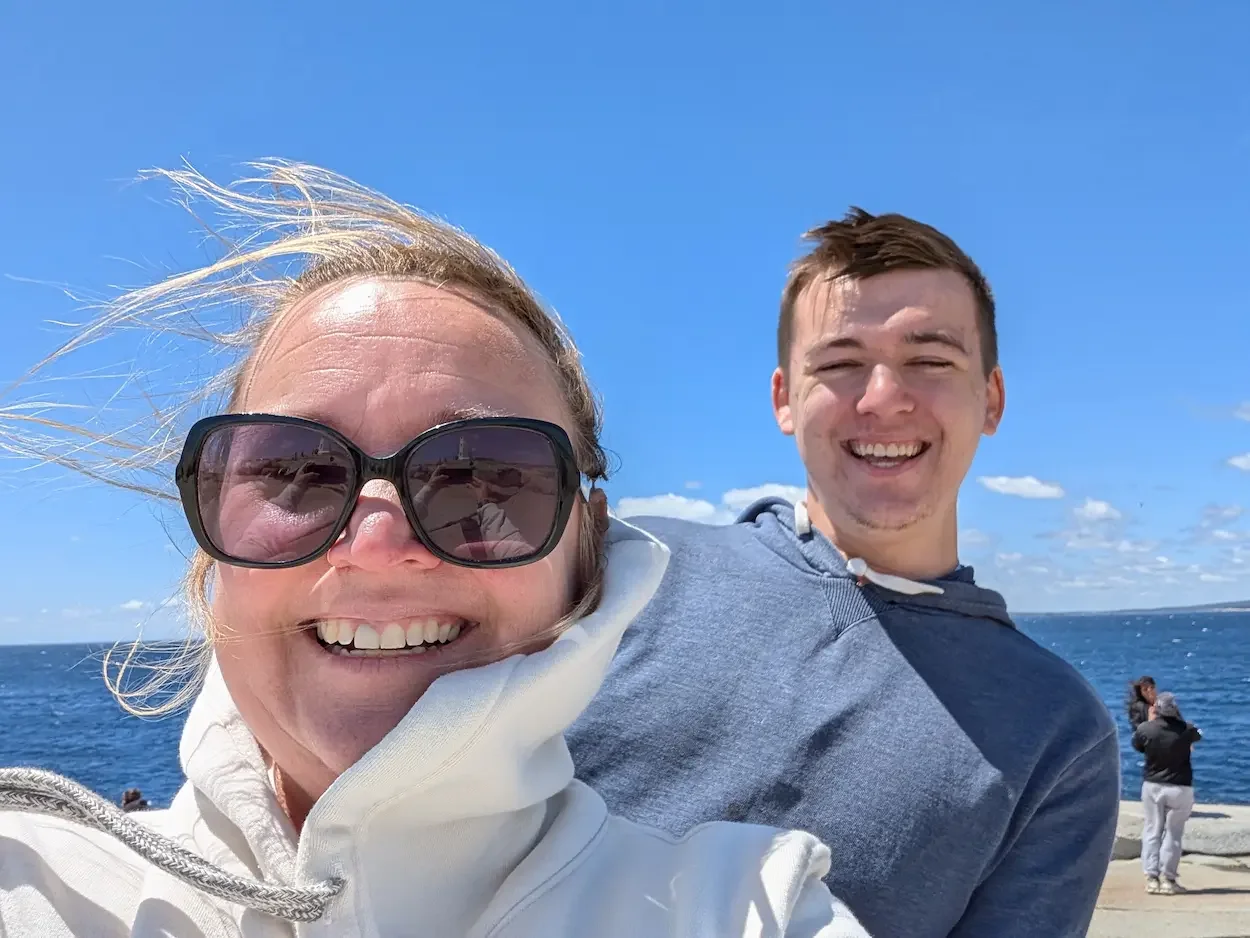 Julie and her son at Peggy's cove