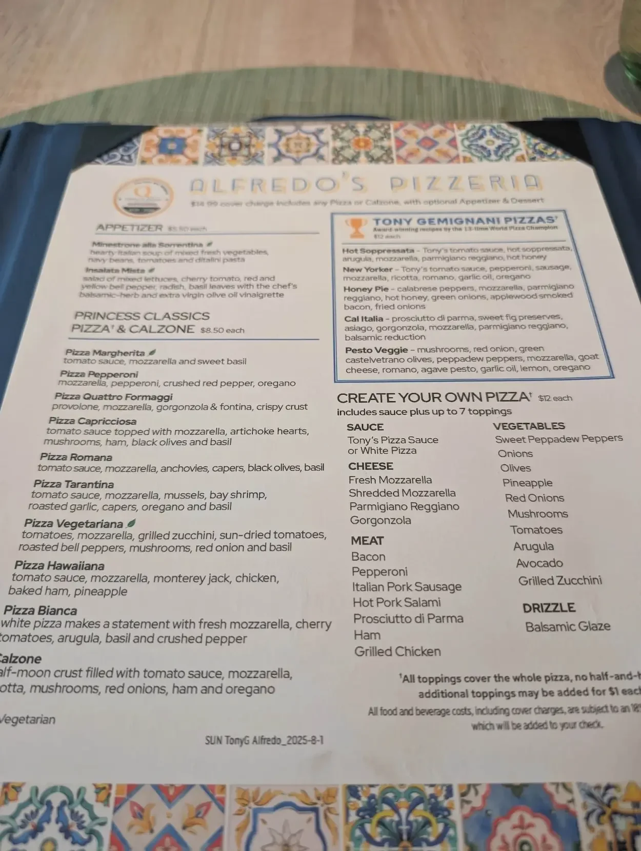Alfredo's Pizzeria on the Sun Princess menu