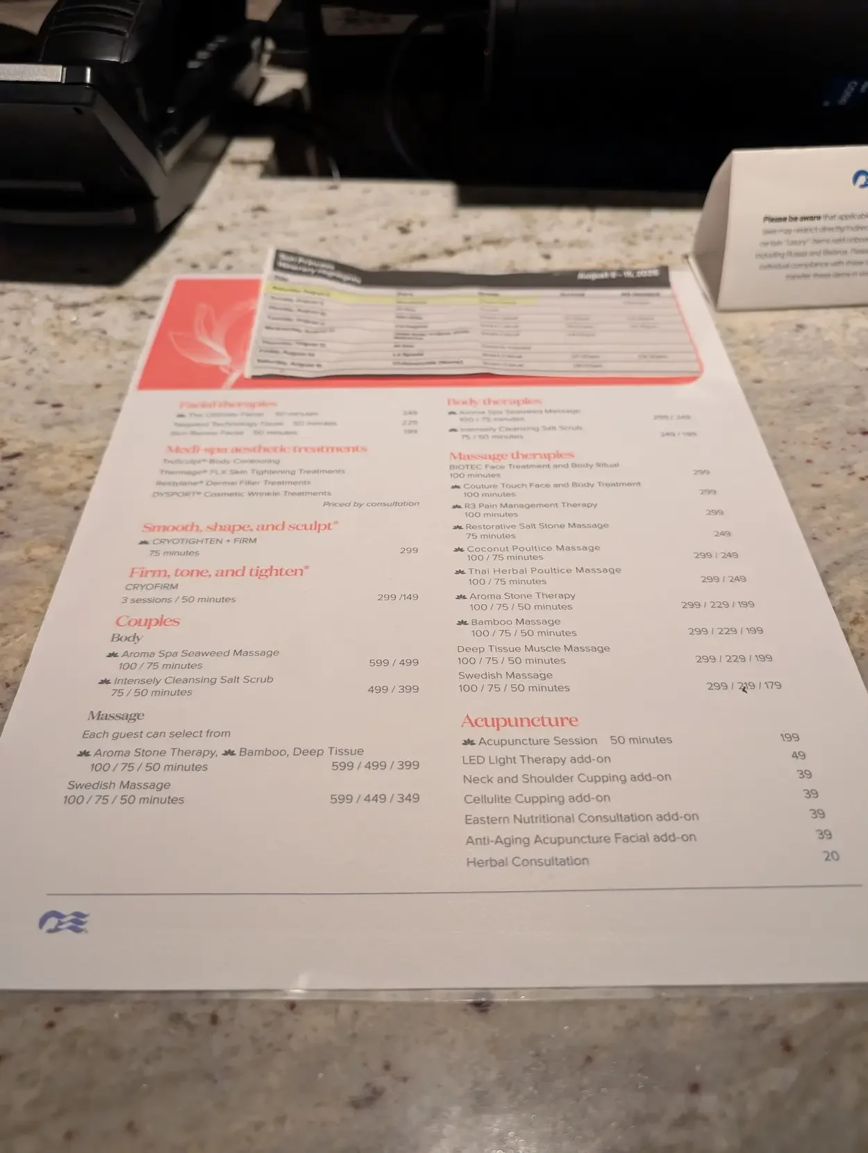 Princess Spa Menu August 2026 Sun Princess with prices