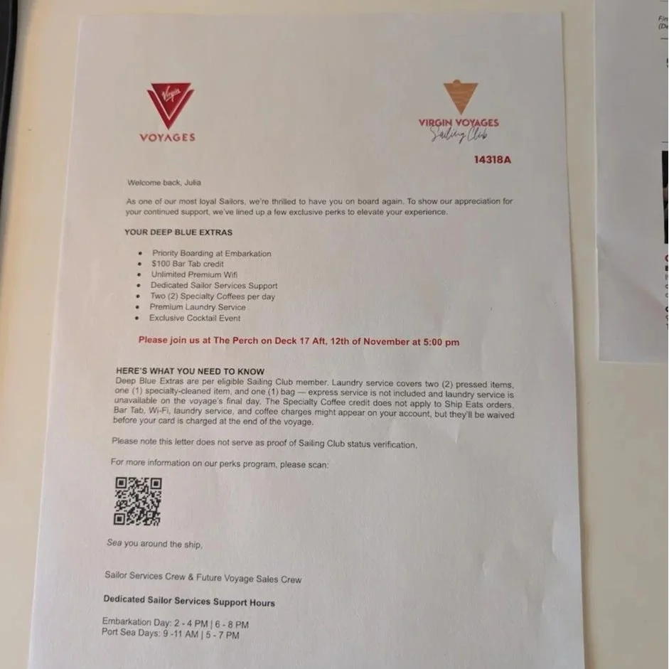 Deep Blue Extras Letter left in my room to go over all the benefits