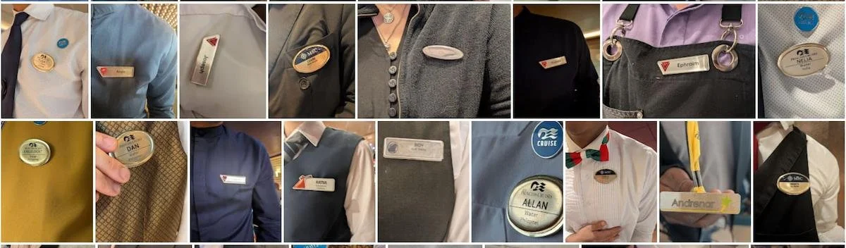 End of Cruise Survey Matters more than you think - pics of cruise crew name tags