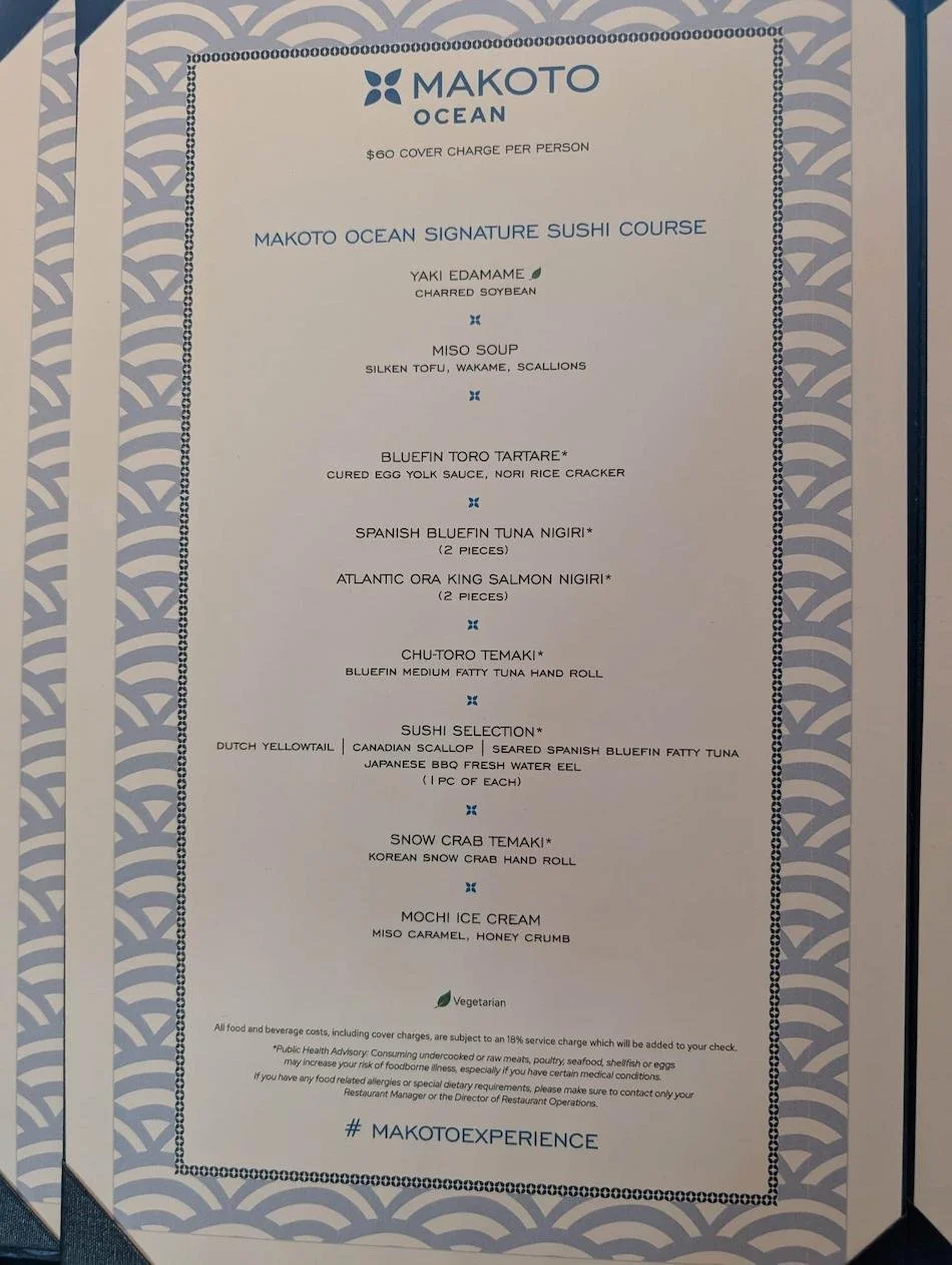 Makoto Ocean pre-fixe menu image on the sun Princess