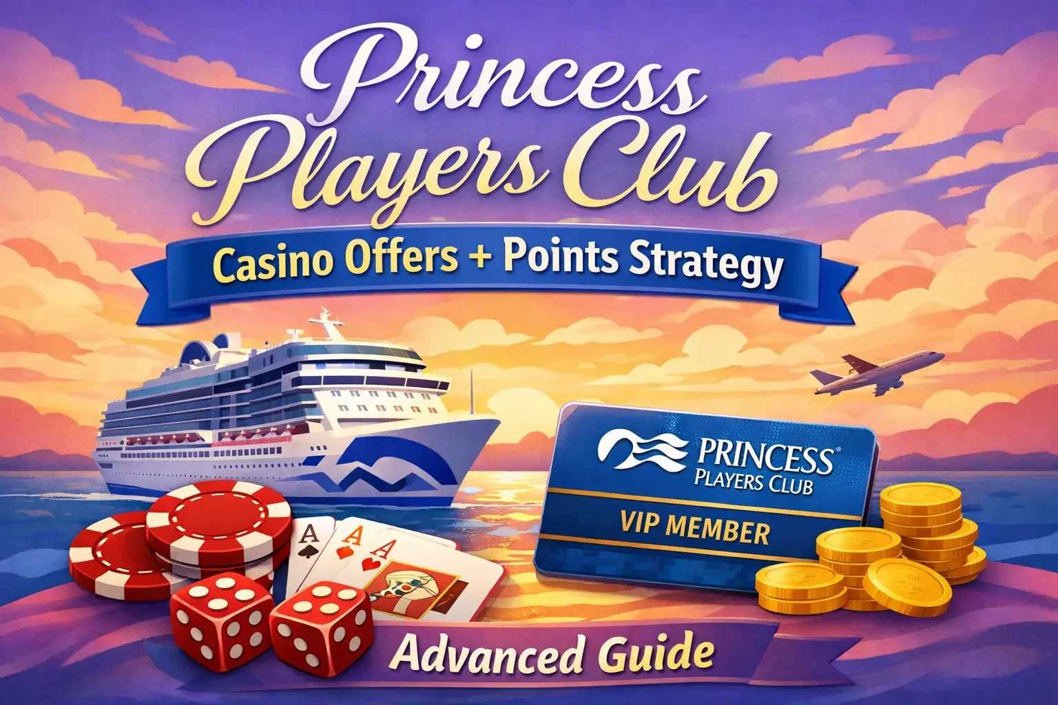 Illustrated header showing a Princess cruise ship sailing at sunset beside casino elements — poker chips, dice, playing cards, and a VIP loyalty card labeled “Princess Players Club.” Text reads “Casino Offers + Points Strategy – Advanced Guide.