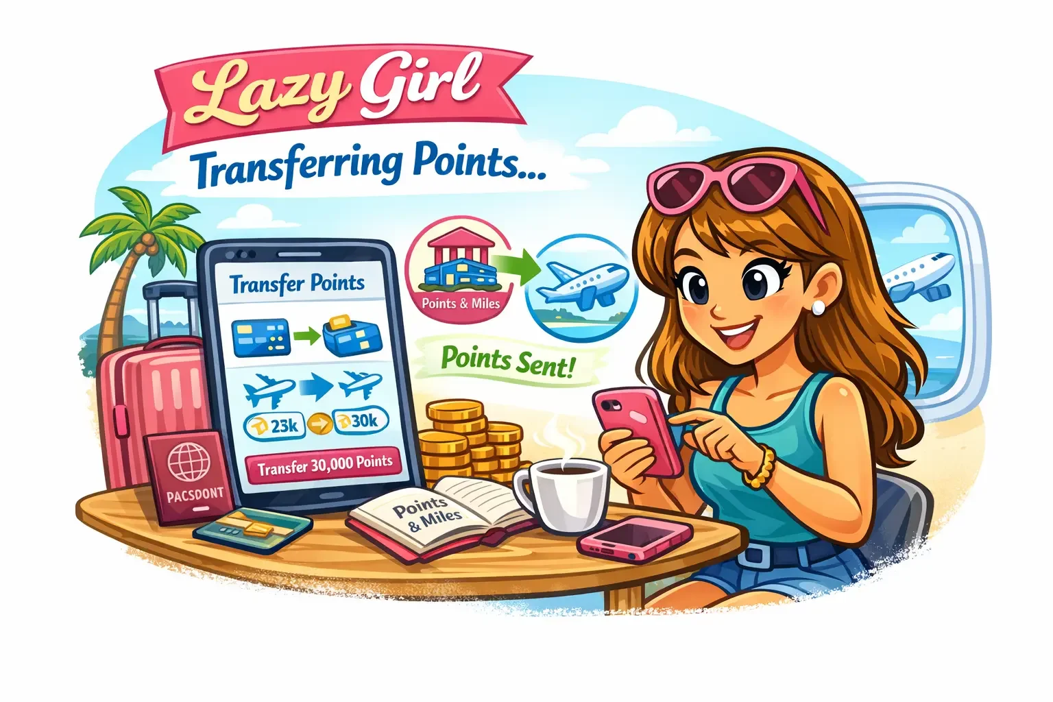 Cartoon Lazy Girl transferring travel points on smartphone — points and miles tutorial illustration