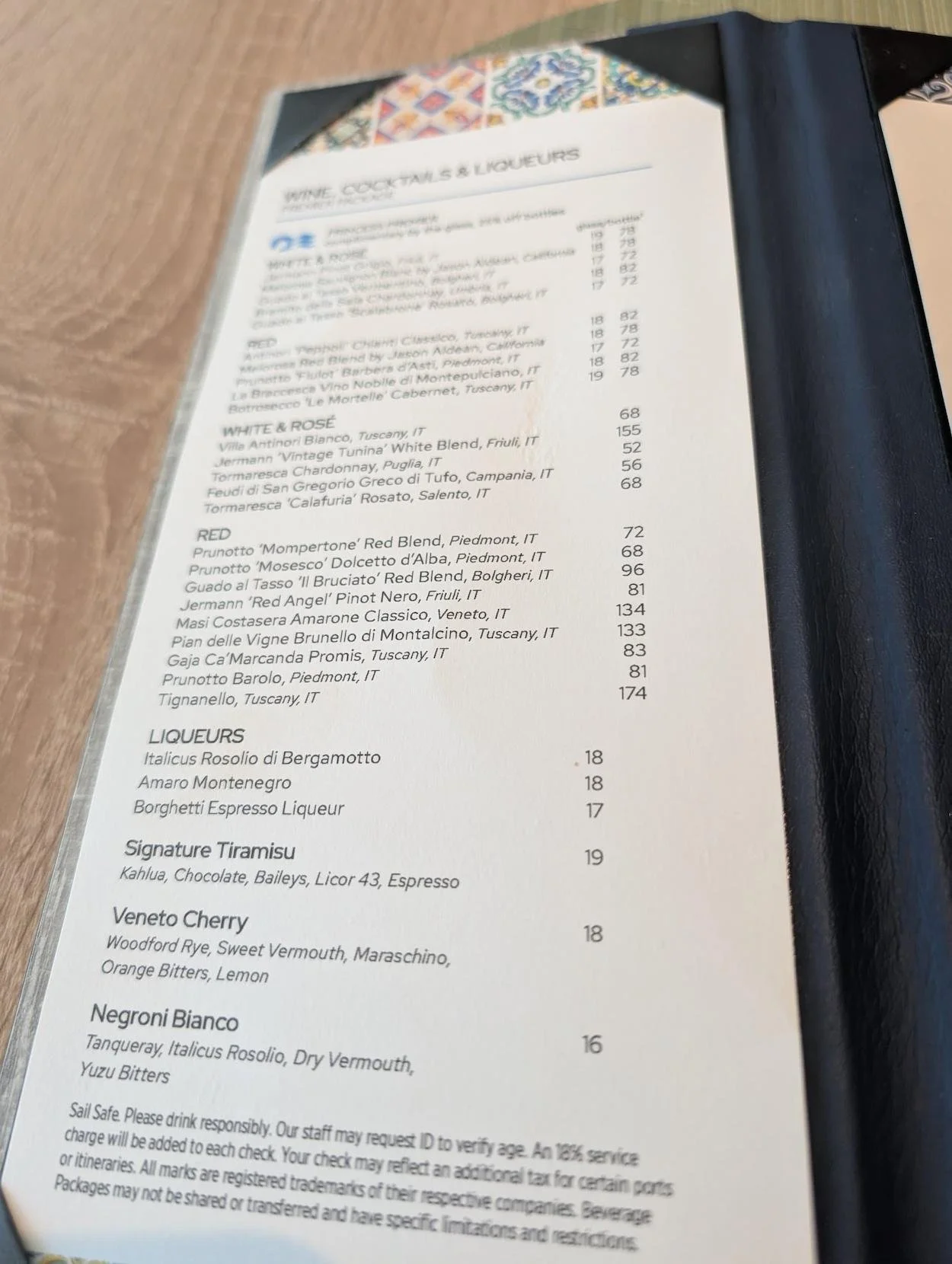 Cocktail menu at Alfredo's Pizza on Sun Princess