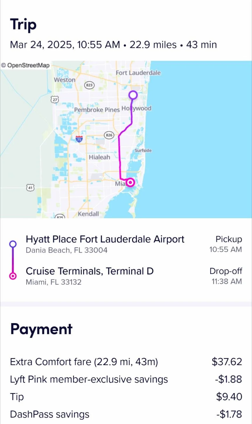 Lyft receipt Hyatt Place Dania Beach to Port of Miami