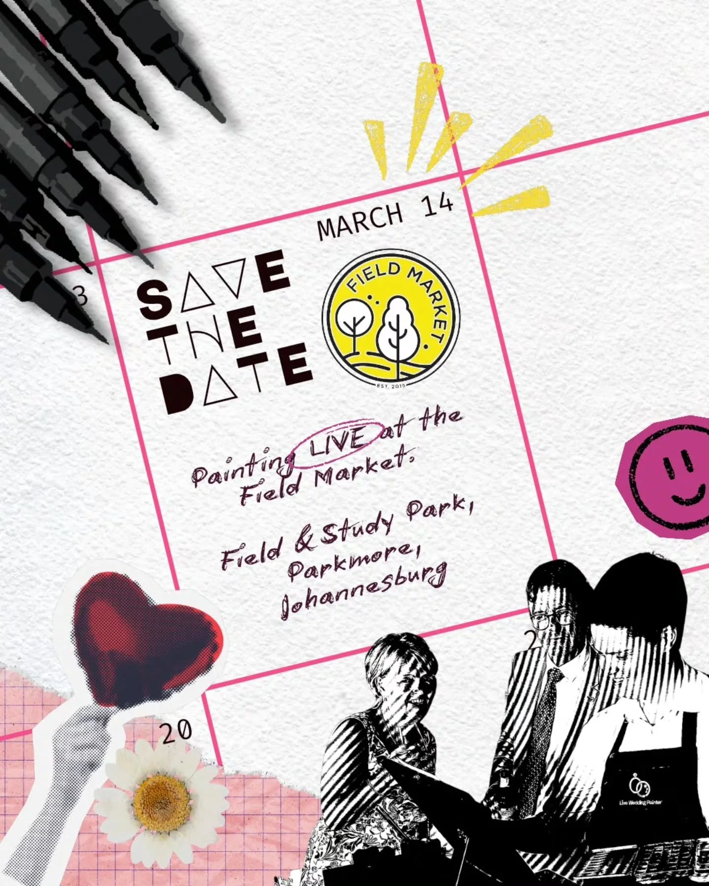 SAVE THE DATE!

14 ● 03 ● 2026 - FIELD MARKET @ Field at Study Park, Parkmore, JHB. 

I'll be there painting you guys LIVE! Opportunity not to be missed, enjoy the surroundings, the stalls, the food and drink and go away with a live illustration. 

C