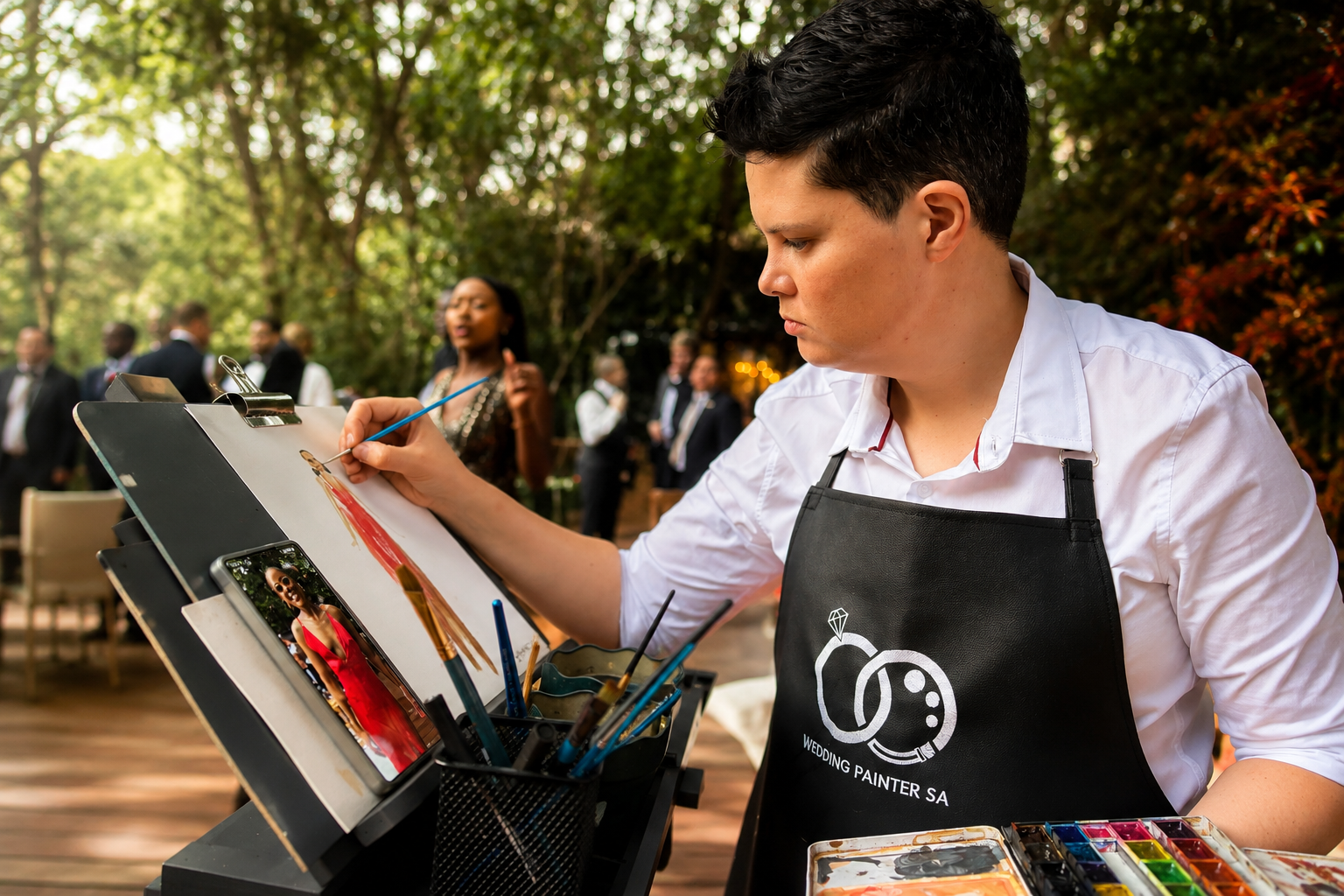 A wedding and event painter creating a portrait of a bride in a red dress at an outdoor event with guests in the background.
