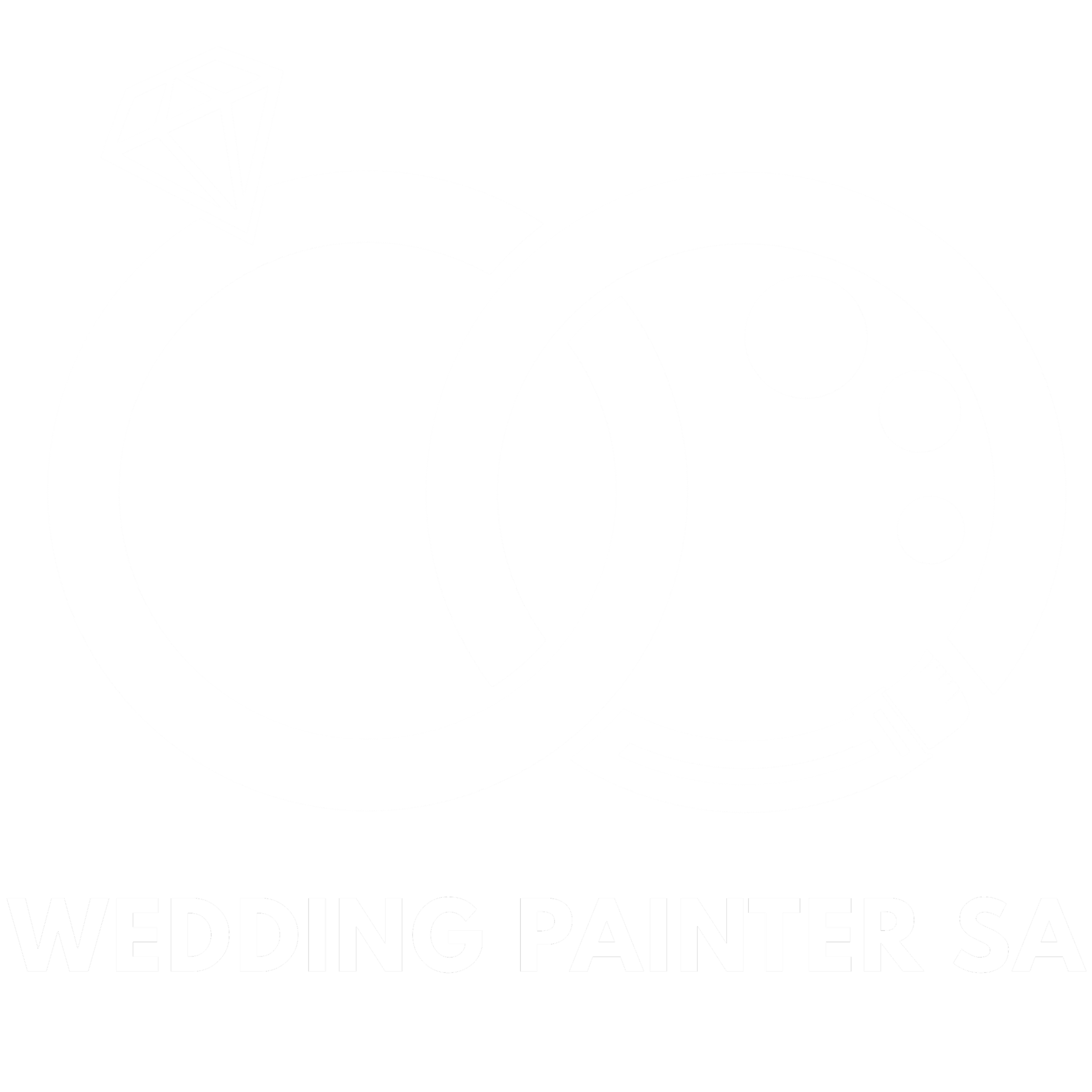 Logo with intertwined wedding rings, one with a diamond, and a painter's palette, with the text 'Wedding Painter SA' below.