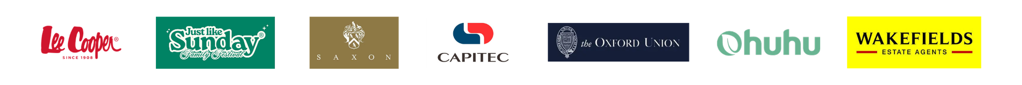A banner displaying multiple logos of different organizations, including Red Lodge, Just Like Sunday Family Festival, Saxon, Capitec, Oxford Union, Chubu, and Wakefields Estate Agents.
