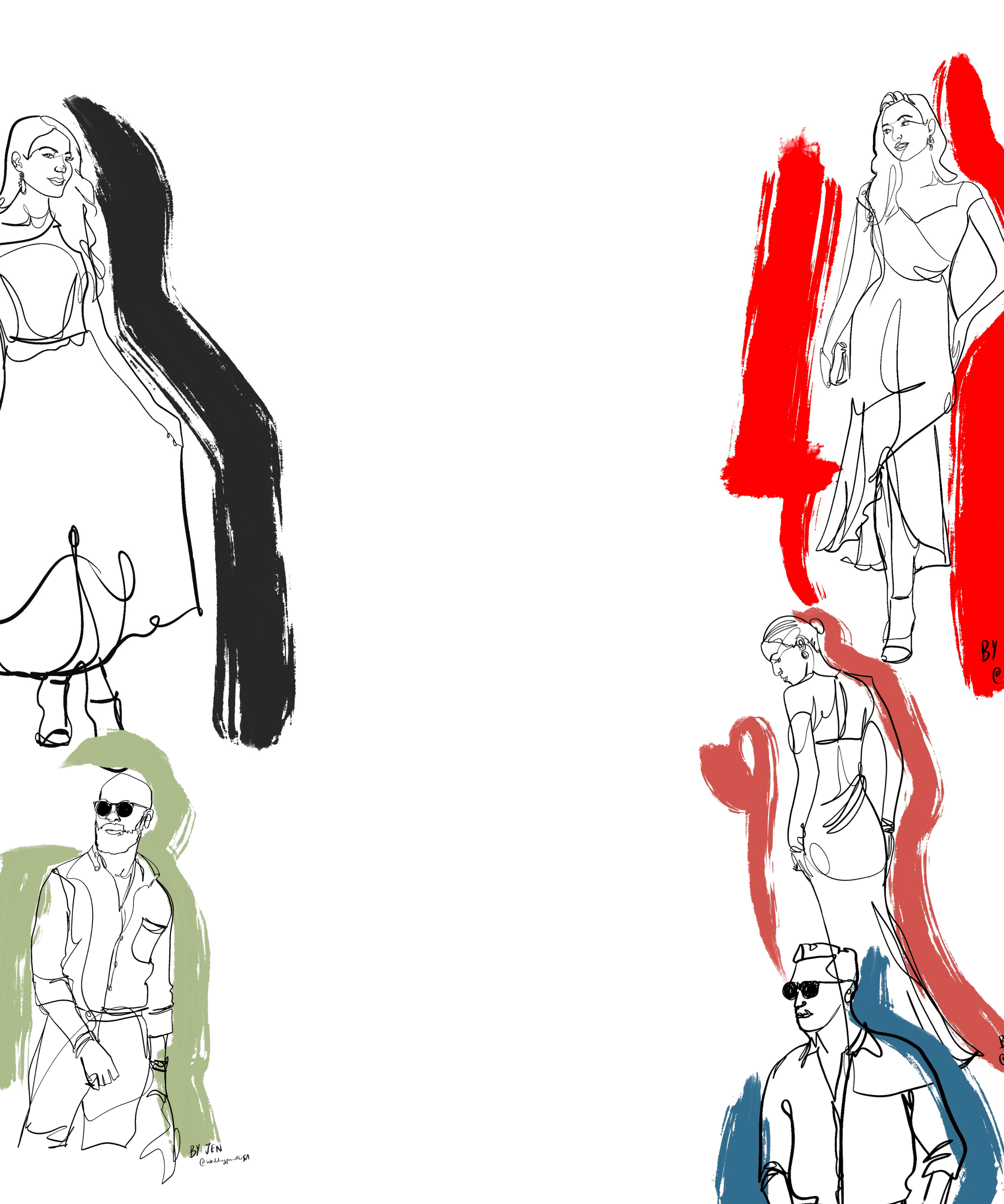 Line drawings of five women and one man, some with colored accessories or backgrounds, standing in various poses.