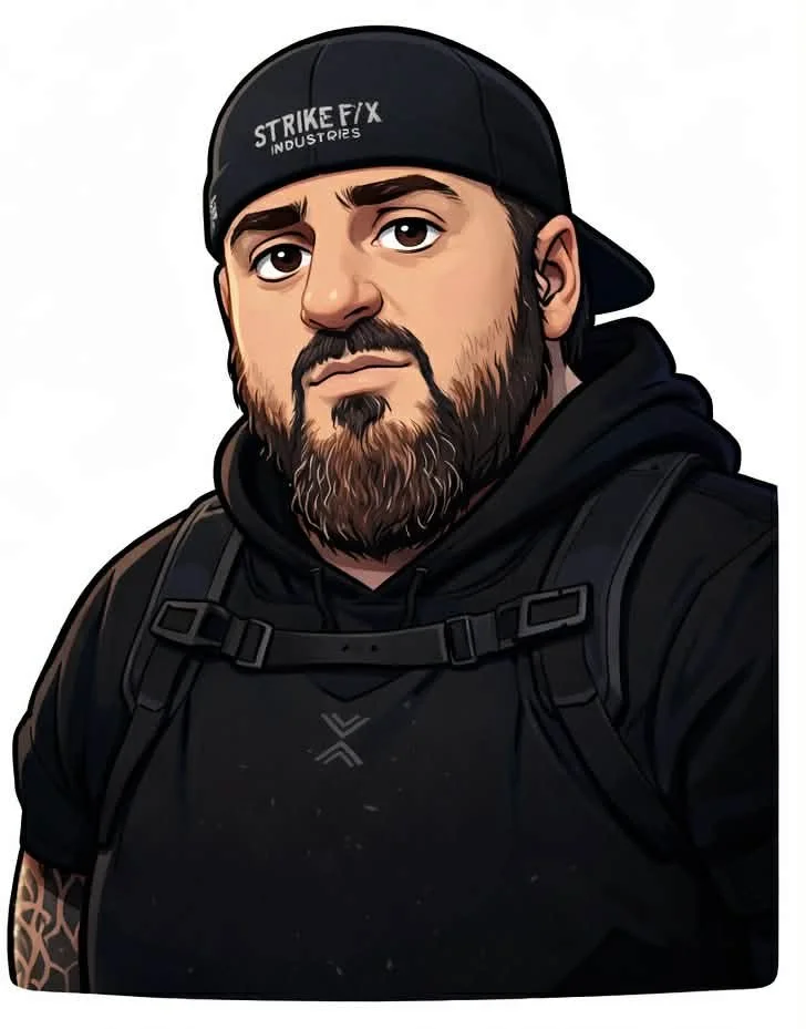 Illustration of a man with a beard wearing a black hoodie, a black cap with 'STRIKE FX INDUSTRIES' written on it, and a backpack.
